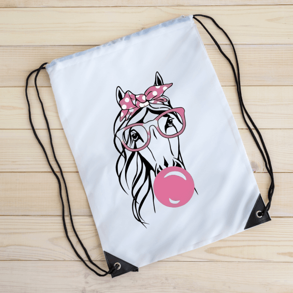 mochila blanca de cuerdas con estampado caballo rosa